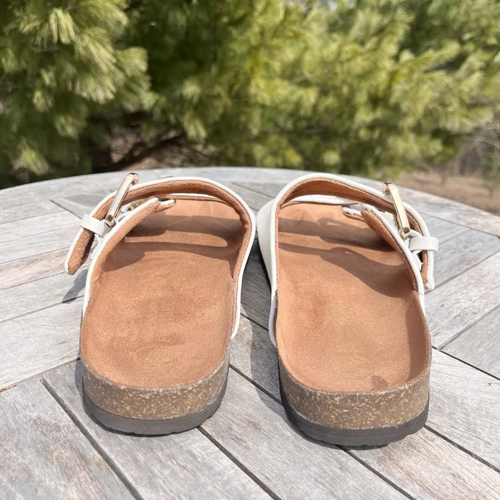 White Mountain Griffin Sandal Wmns Size 9 White Leather Double Strap Buckle Cork